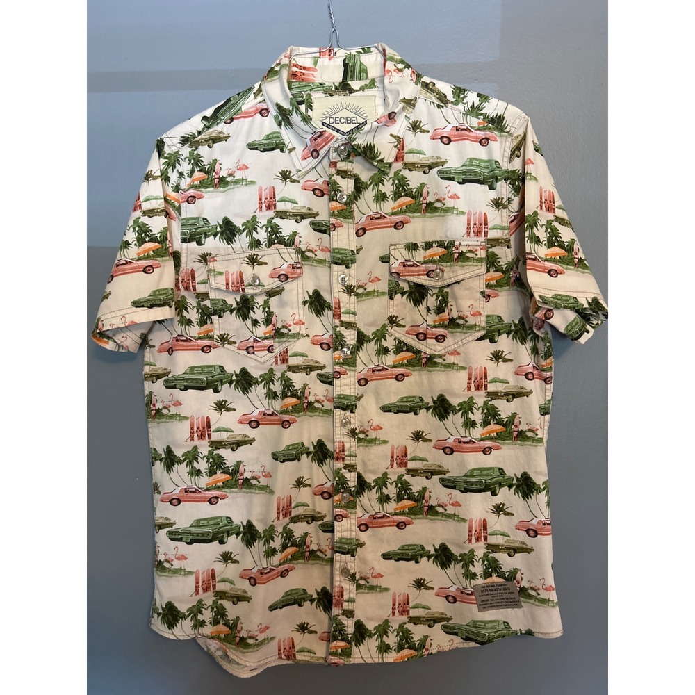 Decibel Shirt Mens L Palm Tree Car Print Button‎ Up Short Sleeve Casual
